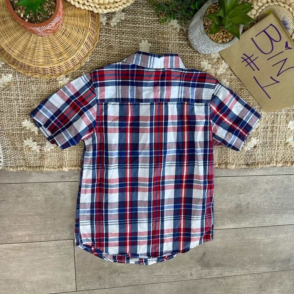 New Wrangler Boys Plaid Button Down Short Sleeve Shirt Size Small Red White Blue